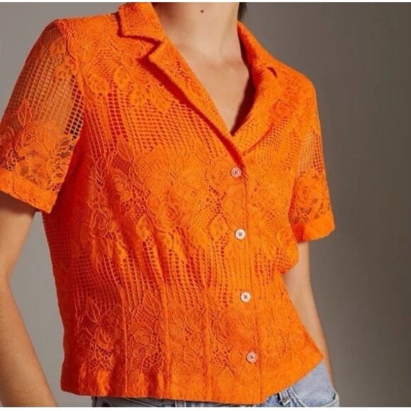 Maeve Anthropologie Lace Button Down Top Short Sleeve Orange Size Medium - Picture 1 of 8